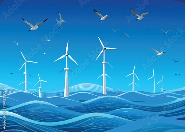 Obraz Create a detailed vector illustration of an offshore wind farm, showcasing turbines, support structures, and underwater cables.  Include realistic details and a vibrant color palette.