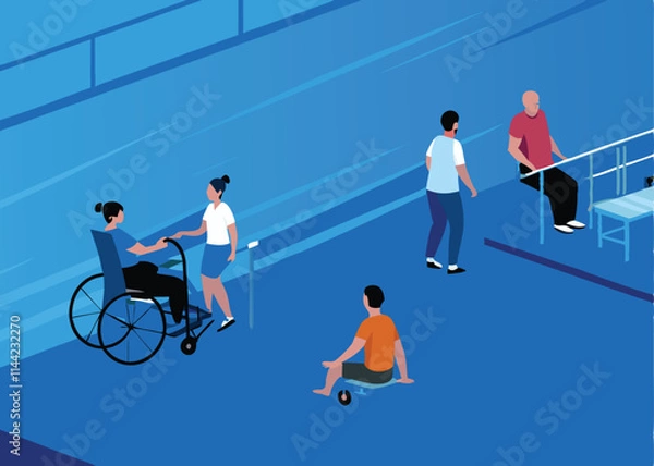 Obraz Create a detailed vector illustration of a modern rehabilitation center showcasing its facilities therapy rooms, gym, outdoor spaces.  Include architectural details and a welcoming atmosphere.