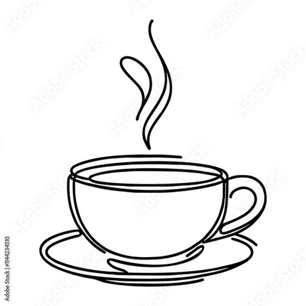 Fototapeta A simple, single line vector drawing of a steaming coffee cup with a clean, abstract outline