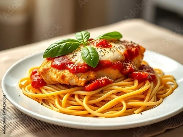Fototapeta Baked chicken parmesan with spaghetti garnished with basil leaves in a white plate