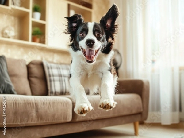 Fototapeta Energetic Golden Retriever dog running excitedly across the front door area of a house, highlighting active pet behavior, outdoor, indoor transition, and joyful canine energy
