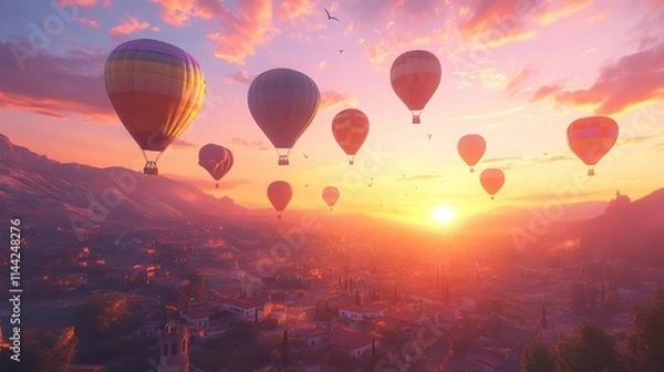 Fototapeta A whimsical hot air balloon festival scene with colorful balloons filling the sky over a picturesque valley at sunrise.