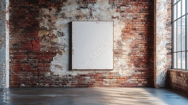 Obraz Blank canvas frame on a red brick wall in a vintage art gallery style, offering space for custom artwork or designs.