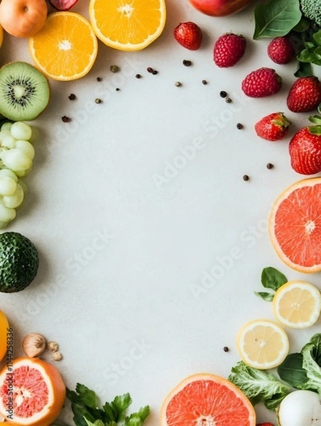 Fototapeta Vibrant Mineral Rich Produce Flatlay on Minimalist Background with Copy Space