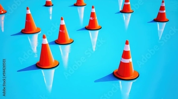 Fototapeta Vibrant orange traffic cones aligned on a vivid blue surface, symbolizing safety and order in a creative setting