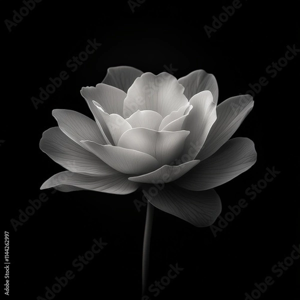 Fototapeta A stunning monochromatic lotus flower elegantly displayed against a black background, highlighting its delicate petals and serene beauty.