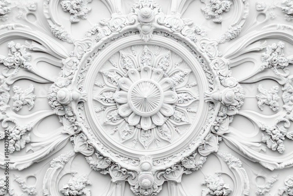 Fototapeta Intricate white plaster ceiling rosette with floral and symmetrical patterns.