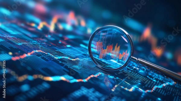 Fototapeta A magnifying glass over digital data, symbolizing stock market analysis and the examination of financial trends.