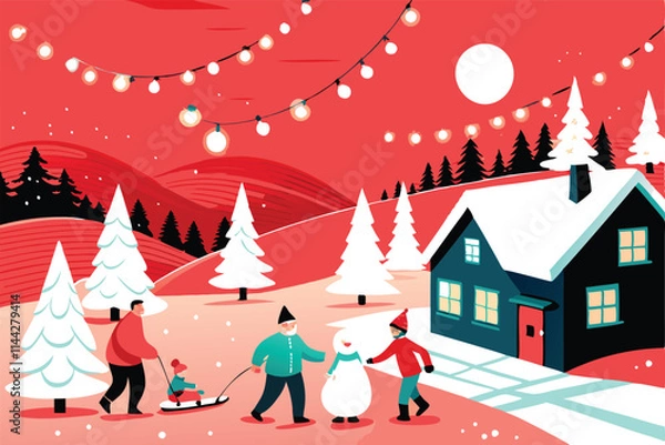 Fototapeta A joyous family playfully builds a snowman in a picturesque snowy landscape,  with a cheerful winter atmosphere.