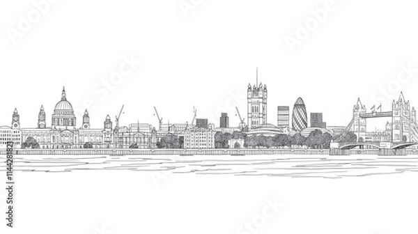 Fototapeta Minimalist black and white line drawing of a city skyline, showcasing iconic buildings and structures in a clean, artistic style for a modern backdrop