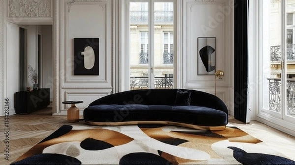 Fototapeta A sophisticated living room featuring a curved black sofa, patterned rug, and elegant decor with large windows letting in natural light.