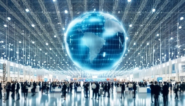 Fototapeta Blurred expo hall with people, ideal for events, exhibitions, or conferences. Created with generative AI technology