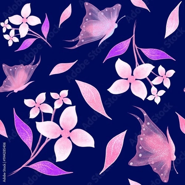 Fototapeta Pink flowers and butterflies seamless repeating pattern. Floral pattern. 