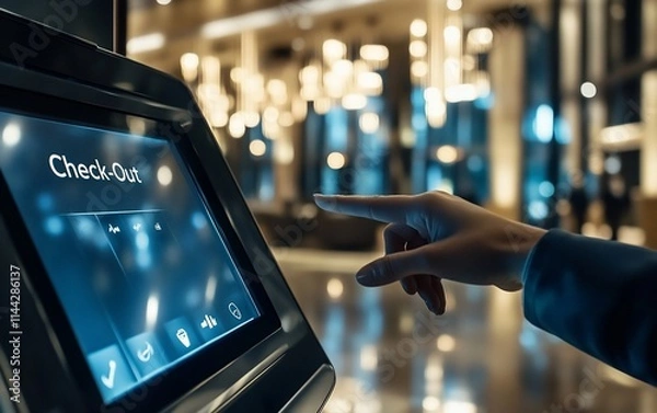 Fototapeta A hand interacting with a digital check-out kiosk in a modern hotel lobby.