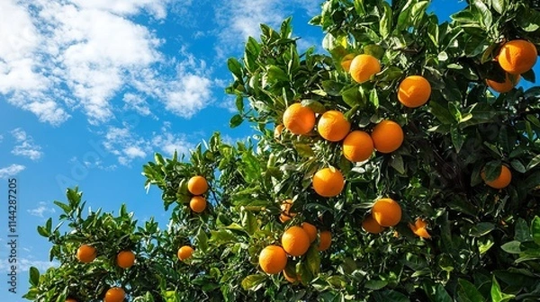 Fototapeta A lush orange tree full of ripe oranges, captured under a bright blue sky