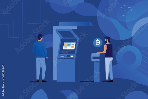 Obraz Create a vector illustration of a modern, sleek cryptocurrency ATM interface, highlighting its user-friendly design and security features.  Include realistic details and vibrant colors.