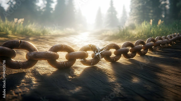 Fototapeta Broken rusty chain on a path towards sunlight in a forest.
