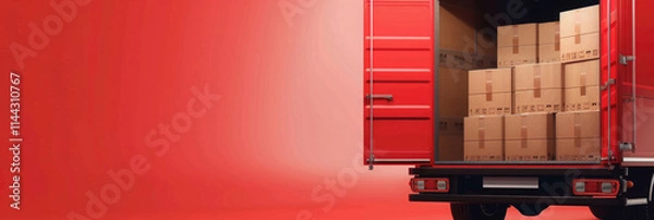 Obraz Delivery truck with stacked cardboard boxes ready for transport in a bright red environment