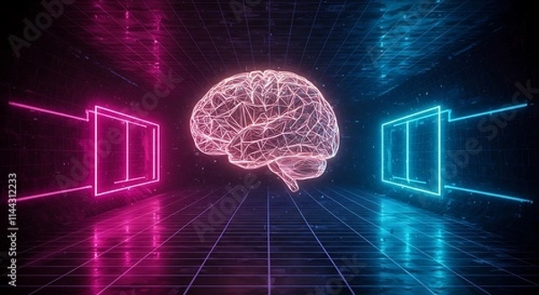 Fototapeta Abstract Glowing Digital Brain in Neon background. innovation cyberpunk skyline urban technology AI, data science neural networks machine learning vivid neon brain concept art illustration 