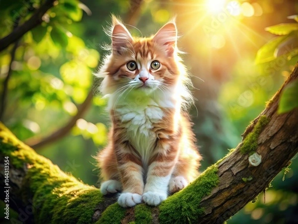 Fototapeta Maine Coon Kitten in Summer Forest - Adorable Fluffy Cat on Tree Branch - Sunny Day Photography
