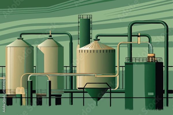 Obraz Create a detailed vector illustration of a large-scale bioenergy facility, showcasing biomass processing and energy generation.