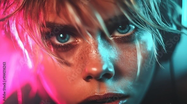 Fototapeta A detailed close-up image depicting intense blue eyes and freckled skin illuminated by neon lights, creating a futuristic, electrifying atmosphere and vivid contrast.