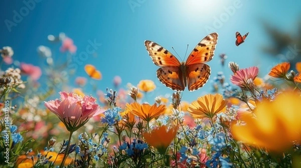 Fototapeta A vibrant scene capturing beautiful orange butterflies resting among a variety of colorful flowers, set against a bright blue sky.