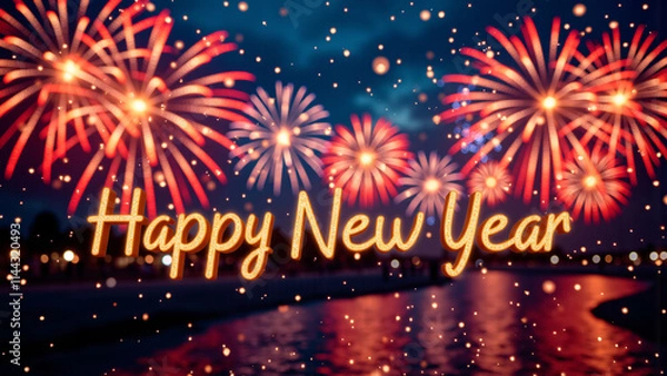Fototapeta Happy New Year: Celebrating the New Year party, there are colorful fireworks in the evening, there are "happy New Year" words. Welcome the joy and excitement of the New Year in style.
