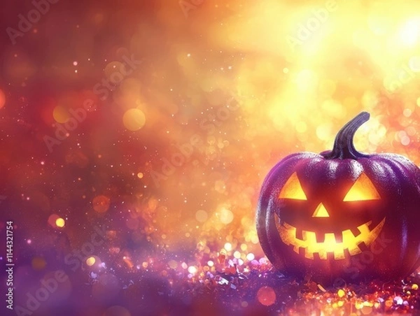 Fototapeta Glowing jack-o-lanterns with carved designs on a magical autumn night, symbolizing Halloween festivities. Perfect for spooky, festive, and mystical themes.