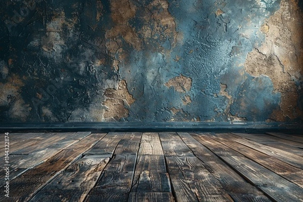 Fototapeta Dark moody interior with rustic wooden floor and aged textured wall. Perfect backdrop for product photography or design projects.