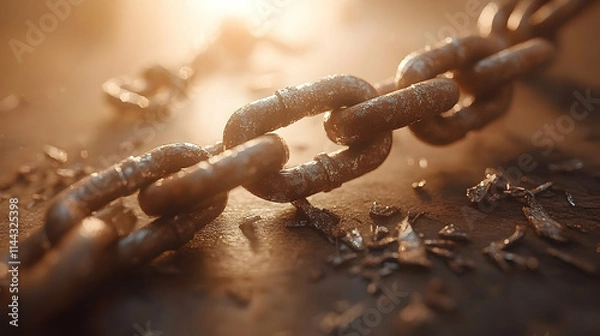 Fototapeta Close-up of a rusty, broken chain on a dark surface with metal shavings, lit by warm sunlight.