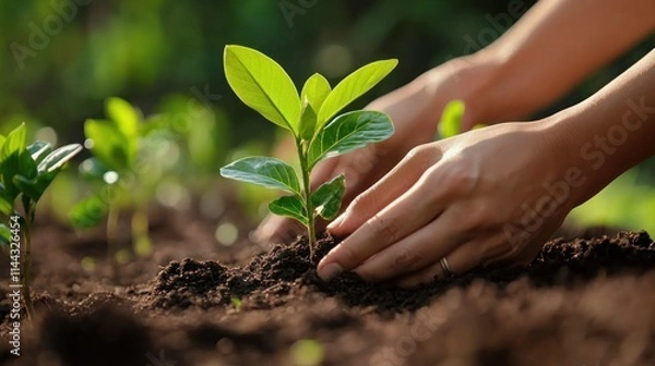 Fototapeta A family planting trees in their backyard as part of an eco-friendly initiative to protect the environment.
