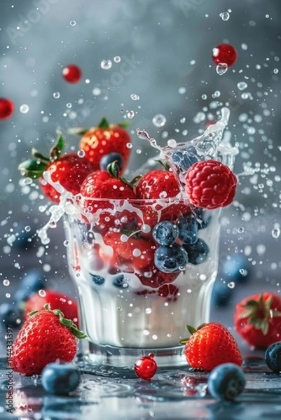 Fototapeta Fresh berries splashing into milk, creating a vibrant and healthy smoothie.
