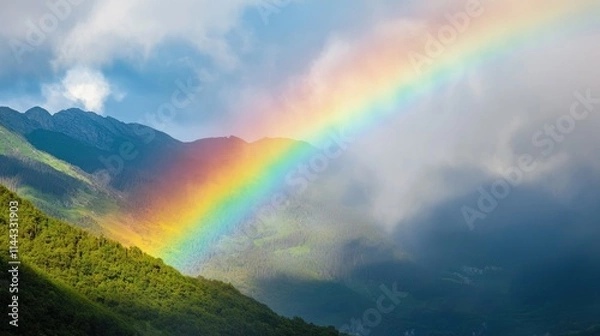 Fototapeta A serene rainbow graces the horizon above rolling mountains and soft mist