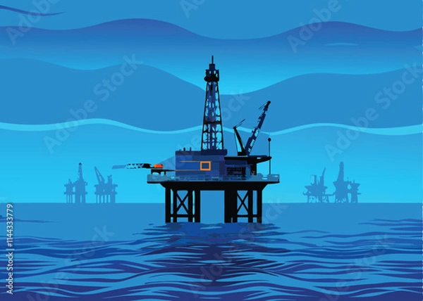 Obraz Design a detailed vector illustration of an offshore oil rig platform, showcasing its intricate structures and equipment, set against a calm ocean backdrop.