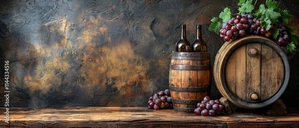 Fototapeta Two bottles of wine rest in a rustic wooden barrel, surrounded by bunches of ripe grapes.  A dark, textured background adds to the vintage feel.