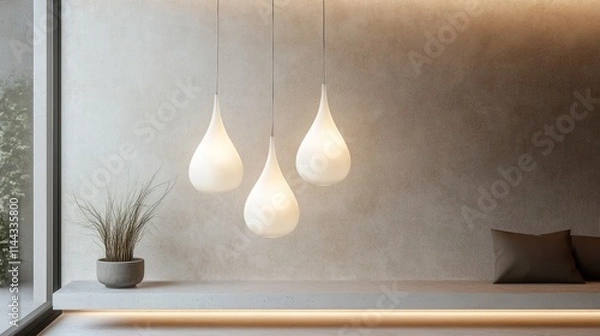 Fototapeta Minimalist teardrop-shaped pendant lights, softly glowing and hanging in a trio against a smooth beige wall in a modern interior