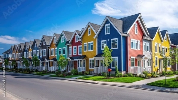 Fototapeta Colorful row of houses on a sunny day.