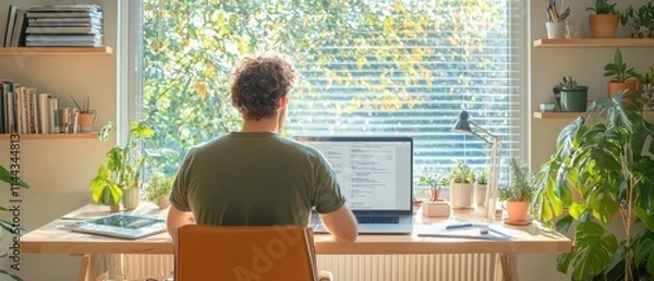 Obraz A person working on a laptop at a home office surrounded by plants and natural light.