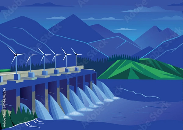Obraz Generate a detailed vector illustration of a bustling hydroelectric dam, showcasing intricate details of turbines, water flow, and surrounding infrastructure.