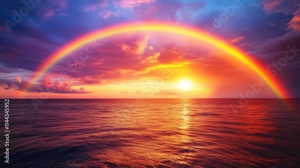 Fototapeta A vibrant rainbow emerges from the horizon of the ocean, blending with the vivid orange and purple hues of a setting sun