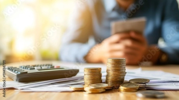 Obraz A person calculates finances with coins and a calculator on a desk.