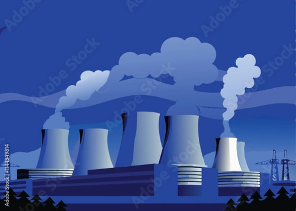 Obraz Generate a detailed vector illustration of a modern nuclear power plant, showcasing its cooling towers, containment structures, and surrounding landscape.