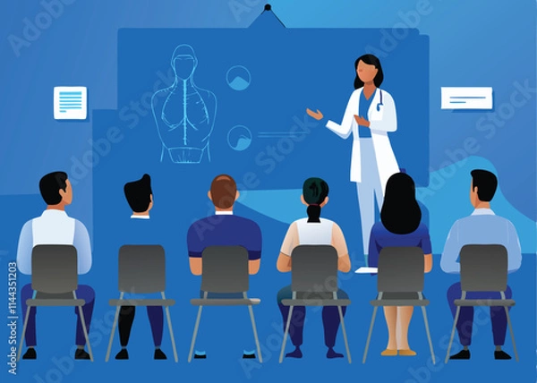 Obraz Illustrate a vector graphic of diverse medical students collaborating in a classroom setting, focused on a complex medical case study.