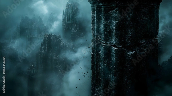 Fototapeta Crumbling stone column overlooking misty, ruined city.