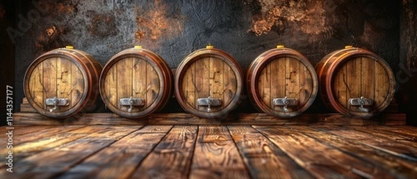 Fototapeta Five rustic wooden barrels rest on a weathered wooden floor against a dark, textured wall.  A timeless image of old-world craftsmanship.