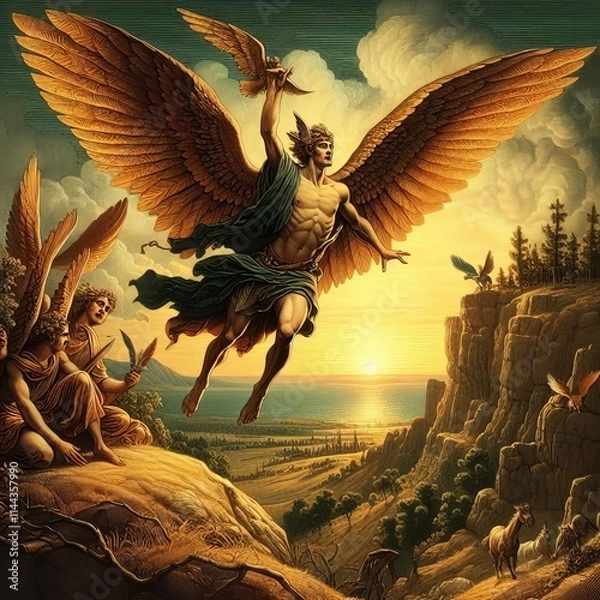 Obraz The Flight of Daedalus and Icarus Show the inventor and his son
