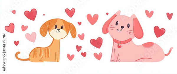 Fototapeta Charming Dog Illustration in Pink and Orange with Heart Elements