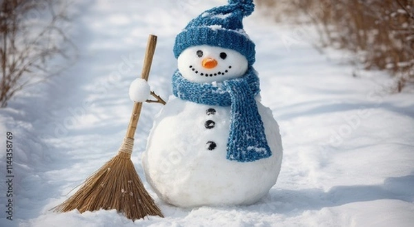 Fototapeta Cheerful Snowman with Blue Accessories Standing on a Snowy Pathway Surrounded by Winter Wonderland and Ready to Spread Holiday Joy and Warmth