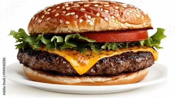Fototapeta Juicy cheeseburger on a sesame seed bun with lettuce and tomato.